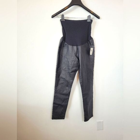 NEW Indigo Blue Maternity Jeans Pants High Waist Black Faux Leather Size Medium - Picture 1 of 8